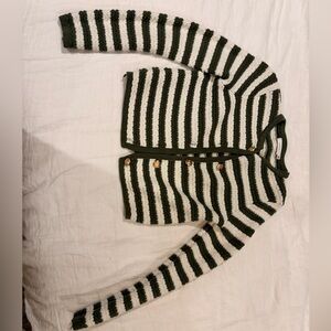 Striped Knit Cardigan Sweater - Dark Green & Cream